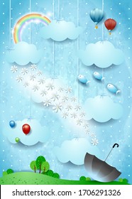 Fantastic landscape with rain of flowers and umbrella. Vector illustration eps10