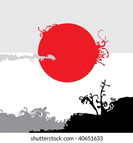 Fantastic landscape with red sun