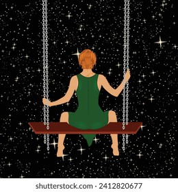 Fantastic landscape. Redhead girl on a swing. The starry sky. Night. Modern tattoo sketch. Vector illustration.