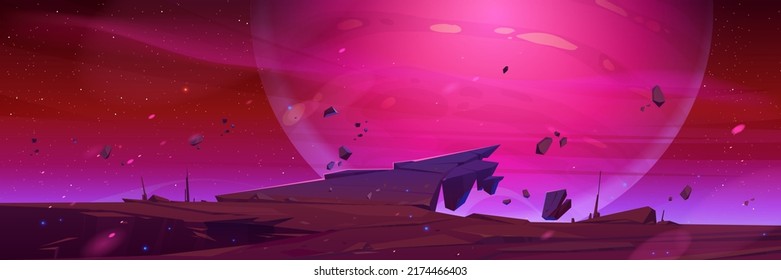 Fantastic landscape with rock ledge, stars and big alien planet in night red sky. Vector cartoon illustration of space, mountain cliff with cracks and flying stones