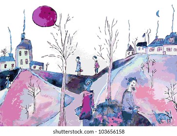 Fantastic landscape with sad people and houses