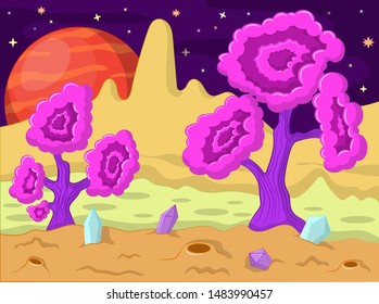 Fantastic landscape with trees and a planet. space. vector and illustration