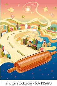 fantastic landscape, with various types of pasta, houses, trees, rolling pin