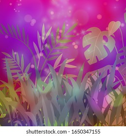 Fantastic landscape vector illustration. Glowing blur fluid exotic leaves and flowers in neon light colors with fantastic background for cover, backdrop or poster. Fluid futuristic enviroment.