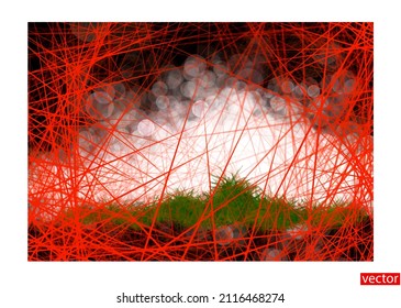 Fantastic landscape. View of a lawn of green grass through an orange spider web. Halloween illustration. Orange abstraction. Chaotically intersecting orange lines. Halloween invitation template.Vector