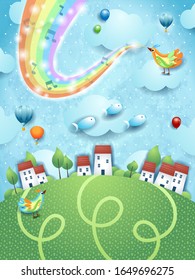 Fantastic landscape with village, music, bird and rainbow colors. Vector illustration eps10