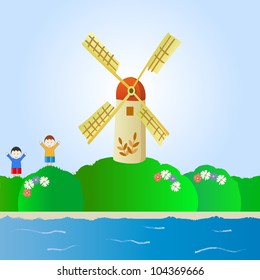 fantastic landscape with windmill and children