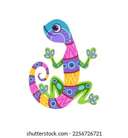 Fantastic lizard as traditional Mexican decorative element isolated on white background. Colorful Mexican alebrije vector illustration. Mexico, decoration, celebration concept