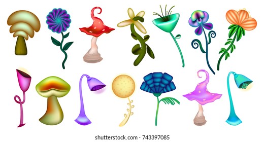 Fantastic magic mushrooms and flowers. Vector magic unusual nature elements, isolated on white. Magic alien plant.