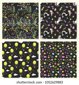 Fantastic magic patterns collection. Inspirational symbols, unicorns, flowers and other cute objects. 