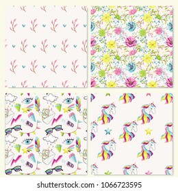 Fantastic magic patterns collection. Inspirational symbols, unicorns, flowers and other cute objects. 
