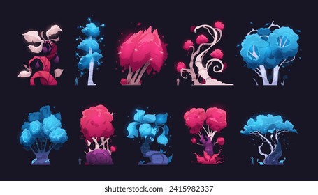 Fantastic magic trees. Cartoon alien forest with funny glowing leaves and branches, funny fairy tale elements for GUI design. Vector set. Luminous wild plants, beautiful mysterious nature objects