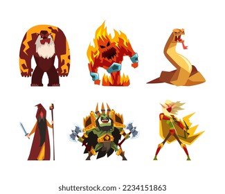 Fantastic Magical Creature Character and Monster with Wizard, Burning Flame, Serpent, Archer and Bigfoot Vector Set