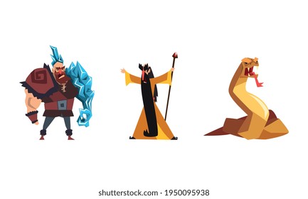 Fantastic Magical Creature Characters Set, Ice Frost Powerful Man, Magician, Serpentine Beast Cartoon Vector Illustration