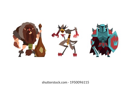 Fantastic Magical Creature Characters Set, Caveman with Cudgel, Powerful Knight Cartoon Vector Illustration