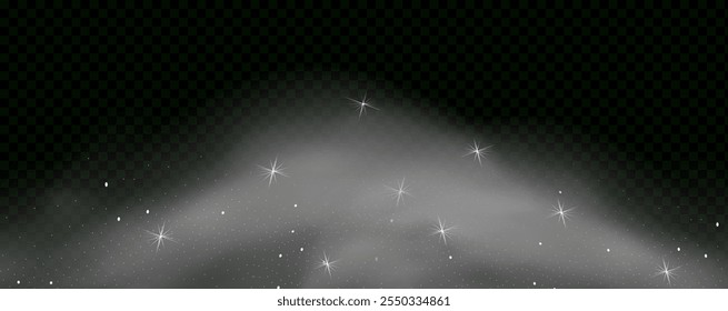  Humo mágico fantástico con partículas brillantes, polvo de estrellas y estrellas brillantes, creando una niebla colorida y etérea. Ilustración vectorial con vapor y vapor vibrantes y multicolores.