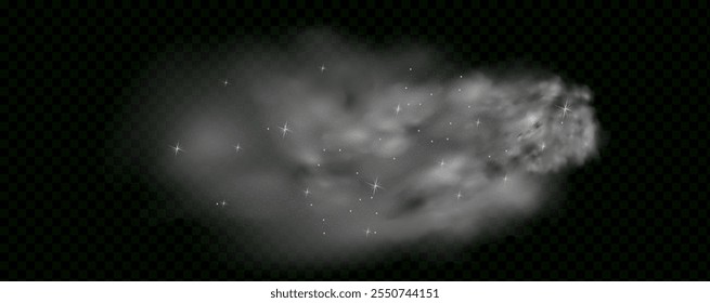  Humo mágico fantástico con partículas brillantes, polvo de estrellas y estrellas brillantes, creando una niebla colorida y etérea. Ilustración vectorial con vapor y vapor vibrantes y multicolores.