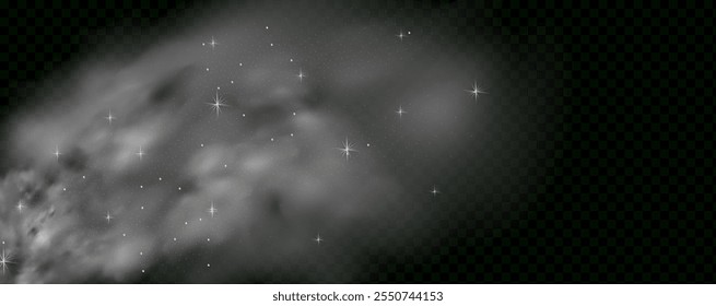  Humo mágico fantástico con partículas brillantes, polvo de estrellas y estrellas brillantes, creando una niebla colorida y etérea. Ilustración vectorial con vapor y vapor vibrantes y multicolores.