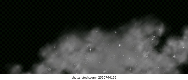  Humo mágico fantástico con partículas brillantes, polvo de estrellas y estrellas brillantes, creando una niebla colorida y etérea. Ilustración vectorial con vapor y vapor vibrantes y multicolores.