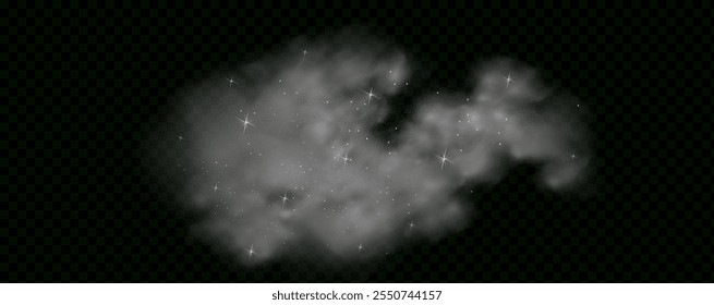  Humo mágico fantástico con partículas brillantes, polvo de estrellas y estrellas brillantes, creando una niebla colorida y etérea. Ilustración vectorial con vapor y vapor vibrantes y multicolores.