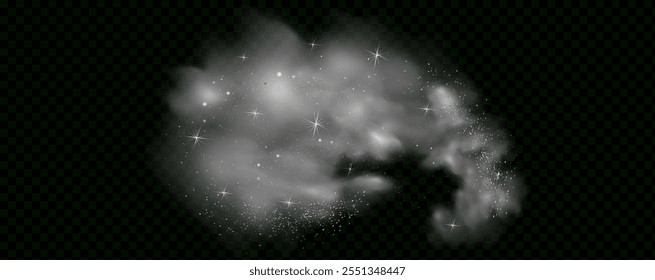  Humo mágico fantástico con partículas brillantes, polvo de estrellas y estrellas brillantes, creando una niebla colorida y etérea. Ilustración vectorial con vapor y vapor vibrantes y multicolores.