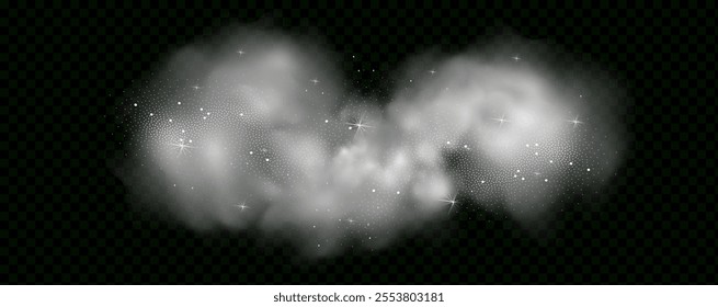  Fantastic magical smoke with glowing particles, stardust, and glittering stars, creating a colorful, ethereal fog. Vector illustration with vibrant, multicolored steam and vapor.