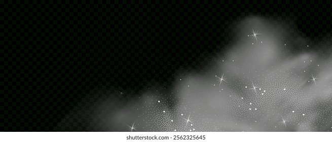  Fantastic magical smoke with glowing particles, stardust, and glittering stars, creating a colorful, ethereal fog. Vector illustration with vibrant, multicolored steam and vapor.