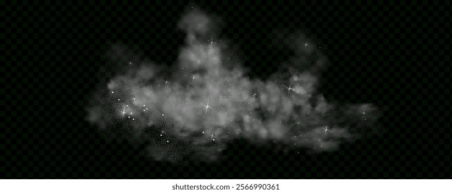  Fantastic magical smoke with glowing particles, stardust, and glittering stars, creating a colorful, ethereal fog. Vector illustration with vibrant, multicolored steam and vapor.