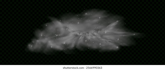  Fantastic magical smoke with glowing particles, stardust, and glittering stars, creating a colorful, ethereal fog. Vector illustration with vibrant, multicolored steam and vapor.