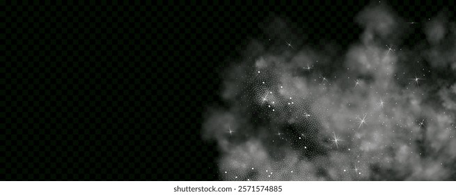  Fantastic magical smoke with glowing particles, stardust, and glittering stars, creating a colorful, ethereal fog. Vector illustration with vibrant, multicolored steam and vapor.