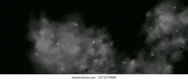  Fantastic magical smoke with glowing particles, stardust, and glittering stars, creating a colorful, ethereal fog. Vector illustration with vibrant, multicolored steam and vapor.