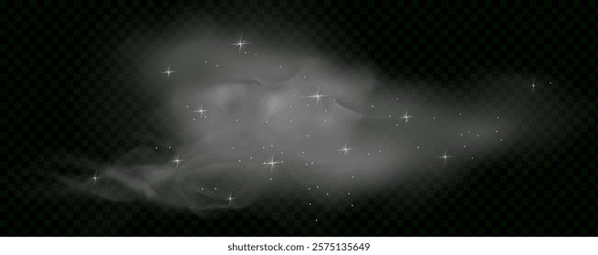  Fantastic magical smoke with glowing particles, stardust, and glittering stars, creating a colorful, ethereal fog. Vector illustration with vibrant, multicolored steam and vapor.