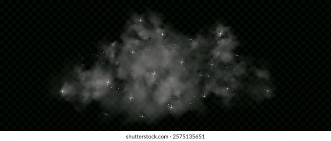  Fantastic magical smoke with glowing particles, stardust, and glittering stars, creating a colorful, ethereal fog. Vector illustration with vibrant, multicolored steam and vapor.