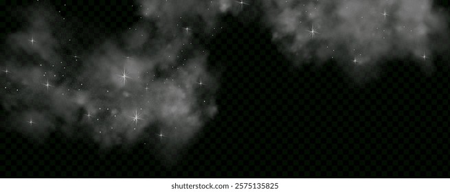  Fantastic magical smoke with glowing particles, stardust, and glittering stars, creating a colorful, ethereal fog. Vector illustration with vibrant, multicolored steam and vapor.