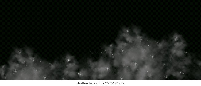  Fantastic magical smoke with glowing particles, stardust, and glittering stars, creating a colorful, ethereal fog. Vector illustration with vibrant, multicolored steam and vapor.