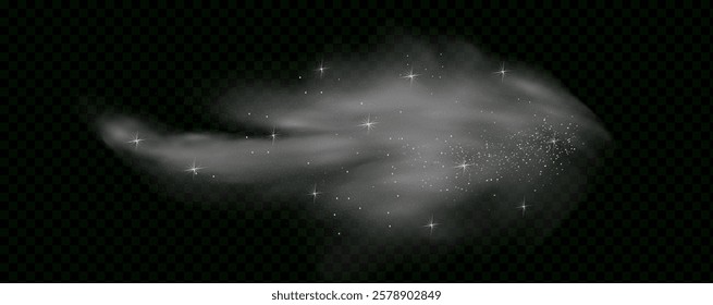  Fantastic magical smoke with glowing particles, stardust, and glittering stars, creating a colorful, ethereal fog. Vector illustration with vibrant, multicolored steam and vapor.