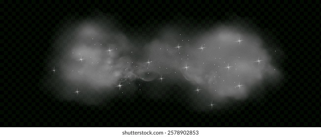  Fantastic magical smoke with glowing particles, stardust, and glittering stars, creating a colorful, ethereal fog. Vector illustration with vibrant, multicolored steam and vapor.