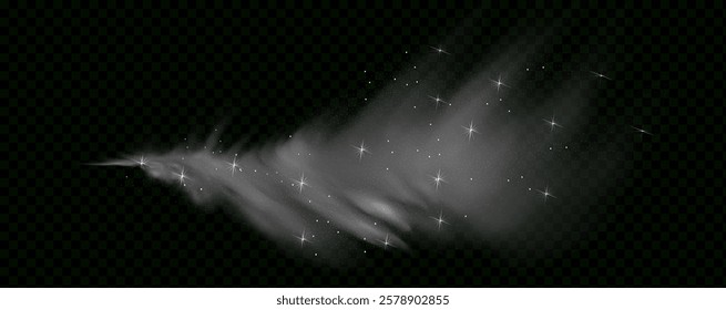  Fantastic magical smoke with glowing particles, stardust, and glittering stars, creating a colorful, ethereal fog. Vector illustration with vibrant, multicolored steam and vapor.