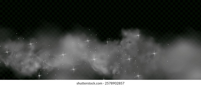  Fantastic magical smoke with glowing particles, stardust, and glittering stars, creating a colorful, ethereal fog. Vector illustration with vibrant, multicolored steam and vapor.