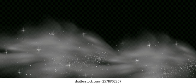  Fantastic magical smoke with glowing particles, stardust, and glittering stars, creating a colorful, ethereal fog. Vector illustration with vibrant, multicolored steam and vapor.