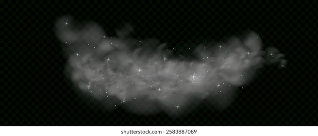  Fantastic magical smoke with glowing particles, stardust, and glittering stars, creating a colorful, ethereal fog. Vector illustration with vibrant, multicolored steam and vapor.