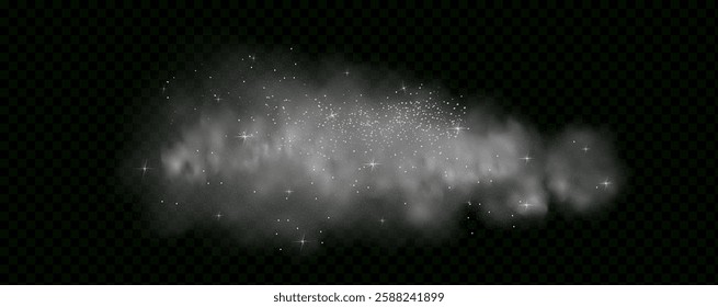  Fantastic magical smoke with glowing particles, stardust, and glittering stars, creating a colorful, ethereal fog. Vector illustration with vibrant, multicolored steam and vapor.