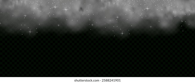  Fantastic magical smoke with glowing particles, stardust, and glittering stars, creating a colorful, ethereal fog. Vector illustration with vibrant, multicolored steam and vapor.