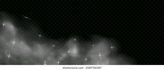  Fantastic magical smoke with glowing particles, stardust, and glittering stars, creating a colorful, ethereal fog. Vector illustration with vibrant, multicolored steam and vapor.