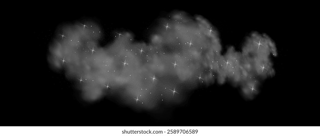  Fantastic magical smoke with glowing particles, stardust, and glittering stars, creating a colorful, ethereal fog. Vector illustration with vibrant, multicolored steam and vapor.