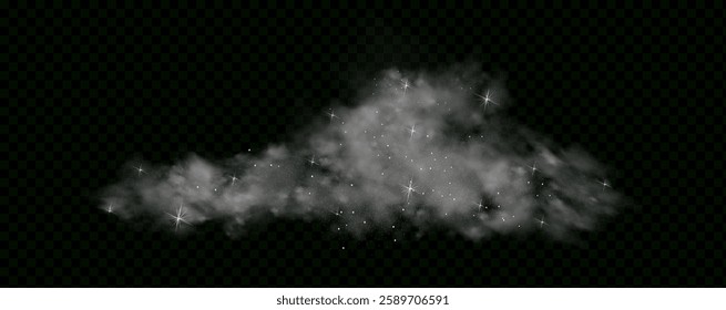  Fantastic magical smoke with glowing particles, stardust, and glittering stars, creating a colorful, ethereal fog. Vector illustration with vibrant, multicolored steam and vapor.