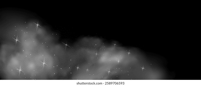  Fantastic magical smoke with glowing particles, stardust, and glittering stars, creating a colorful, ethereal fog. Vector illustration with vibrant, multicolored steam and vapor.