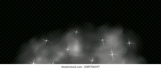  Fantastic magical smoke with glowing particles, stardust, and glittering stars, creating a colorful, ethereal fog. Vector illustration with vibrant, multicolored steam and vapor.