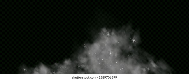  Fantastic magical smoke with glowing particles, stardust, and glittering stars, creating a colorful, ethereal fog. Vector illustration with vibrant, multicolored steam and vapor.