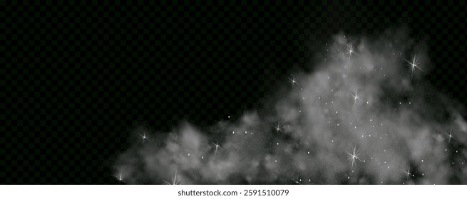  Fantastic magical smoke with glowing particles, stardust, and glittering stars, creating a colorful, ethereal fog. Vector illustration with vibrant, multicolored steam and vapor.